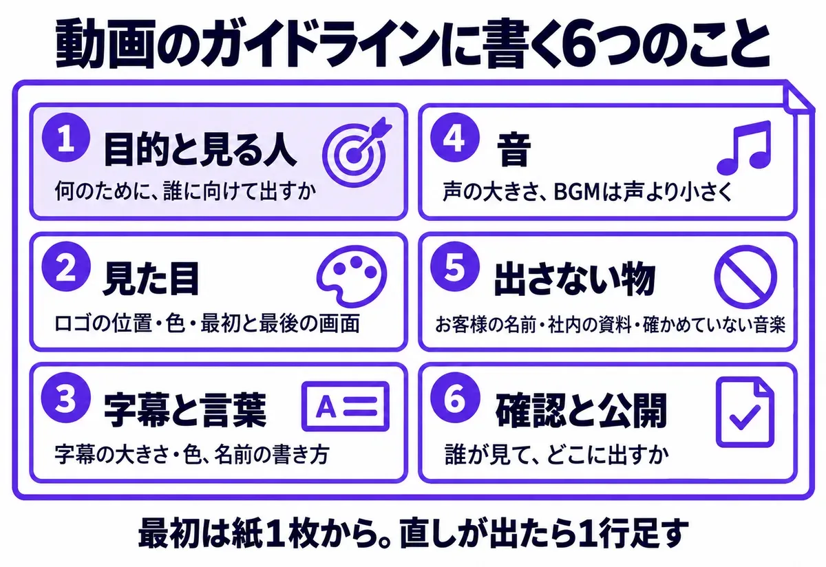 動画のガイドラインに書く6つの項目の図。1 目的と見る人、2 見た目、3 字幕と言葉、4 音、5 出さない物、6 確認と公開、の6つを1枚にまとめる