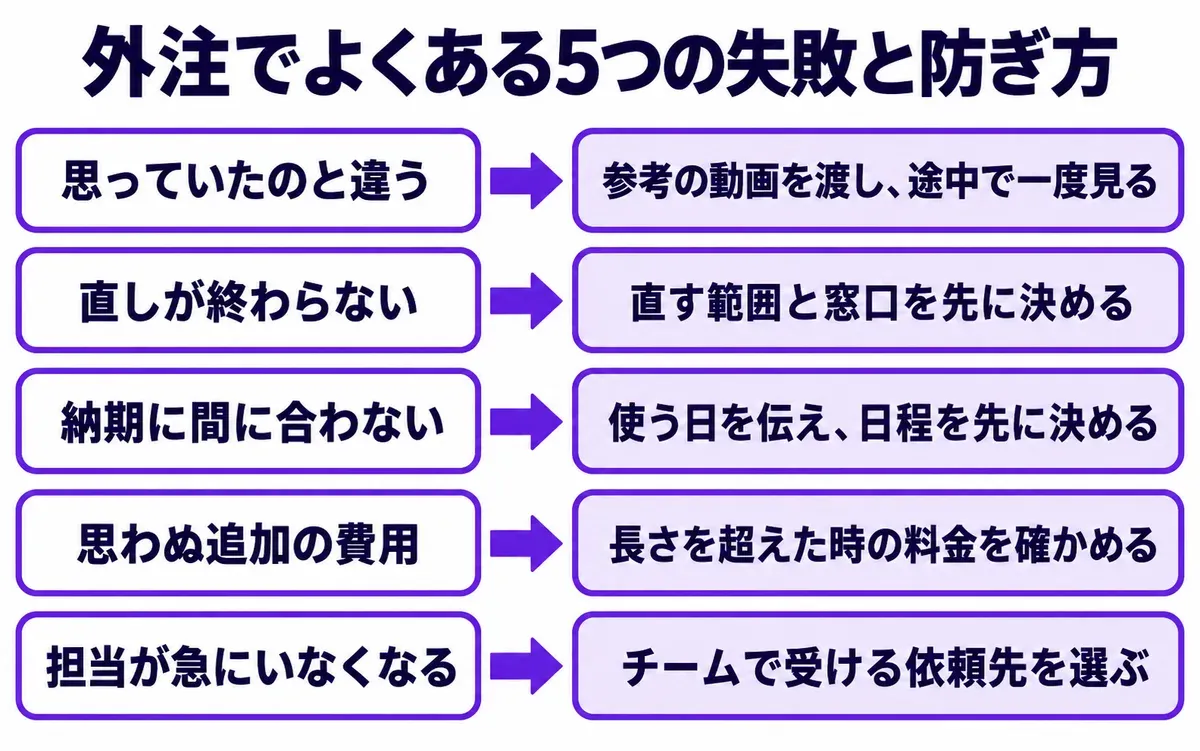 外注でよくある5つの失敗と防ぎ方の図。思っていたのと違うは参考の動画を渡し途中で一度見る、直しが終わらないは直す範囲と窓口を先に決める、納期に間に合わないは使う日を伝え日程を先に決める、思わぬ追加の費用は長さを超えた時の料金を確かめる、担当が急にいなくなるはチームで受ける依頼先を選ぶ
