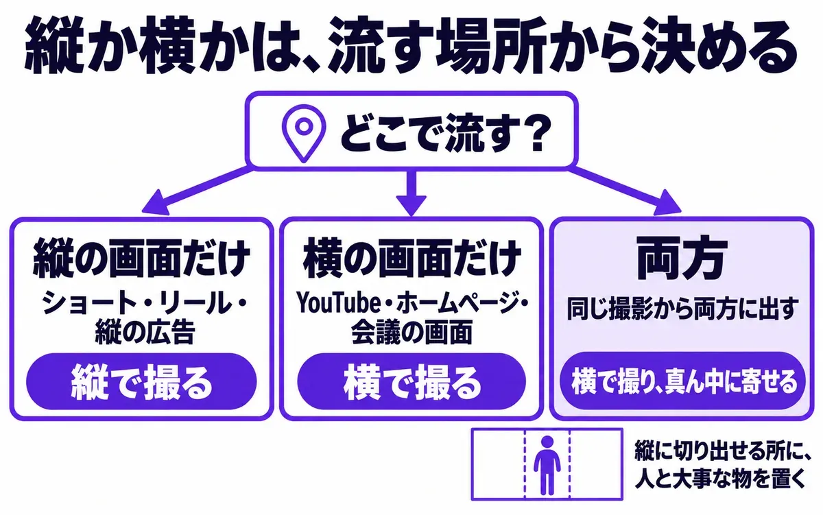 縦か横かを流す場所から決める流れの図。縦の画面だけ（ショート・リール・縦の広告）なら縦で撮る。横の画面だけ（YouTube・ホームページ・会議の画面）なら横で撮る。両方（同じ撮影から両方に出す）なら横で撮り、真ん中に寄せる。縦に切り出せる所に、人と大事な物を置く