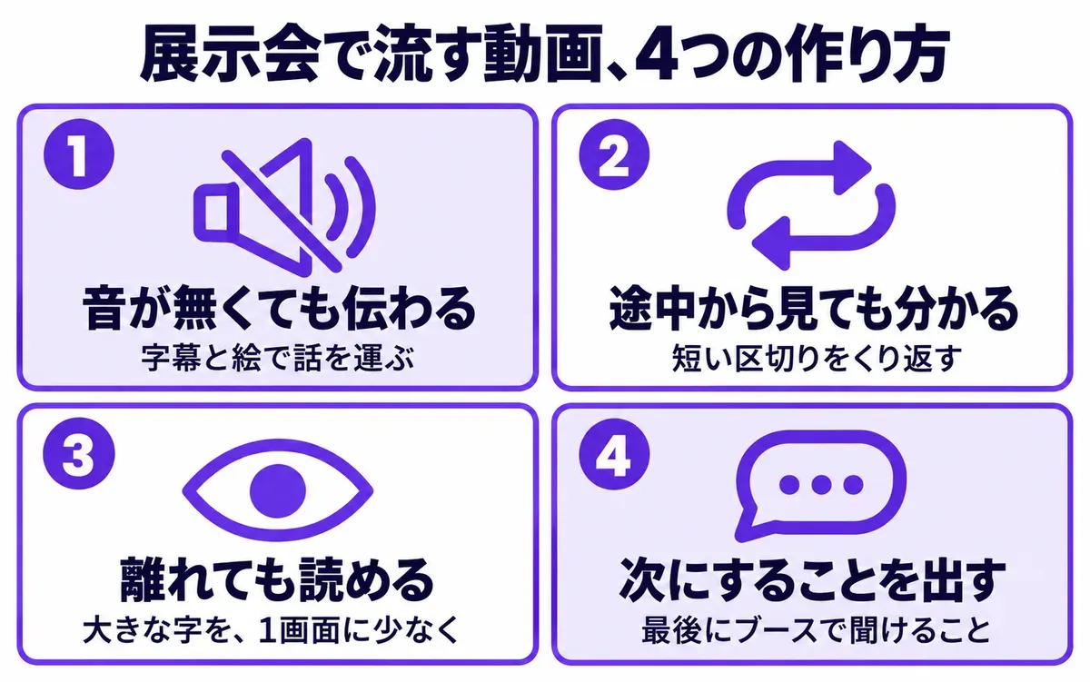 展示会で流す動画の4つの作り方の図。1 音が無くても伝わる（字幕と絵で話を運ぶ）、2 途中から見ても分かる（短い区切りをくり返す）、3 離れても読める（大きな字を、1画面に少なく）、4 次にすることを出す（最後にブースで聞けること）
