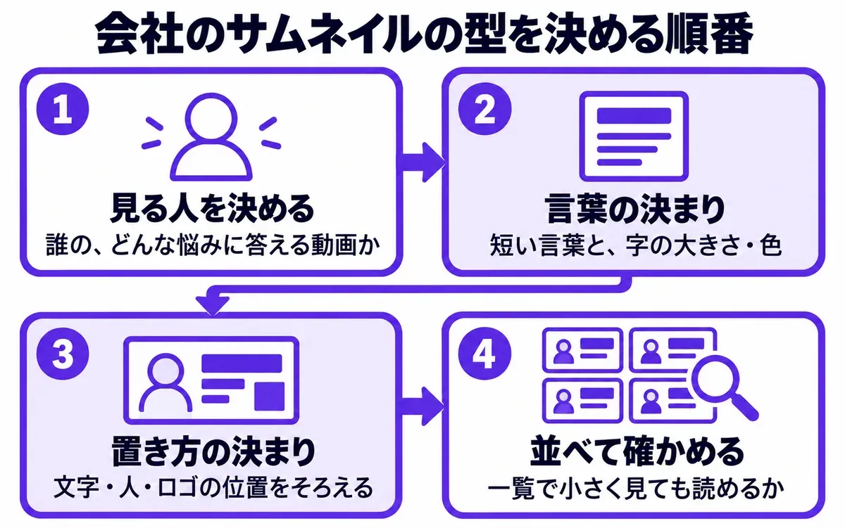 会社のサムネイルの型を決める順番の図。1 見る人を決める（誰の、どんな悩みに答える動画か）、2 言葉の決まり（短い言葉と、字の大きさ・色）、3 置き方の決まり（文字・人・ロゴの位置をそろえる）、4 並べて確かめる（一覧で小さく見ても読めるか）
