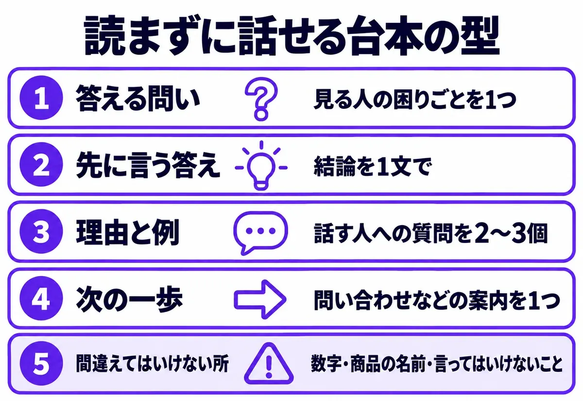 話す人が読まずに話せる台本の型の図。上から、1 答える問い(見る人の困りごとを1つ)、2 先に言う答え(結論を1文で)、3 理由と例(話す人への質問を2〜3個)、4 次の一歩(問い合わせなどの案内を1つ)、5 言い間違えてはいけない所(数字・商品の名前・言ってはいけないこと)